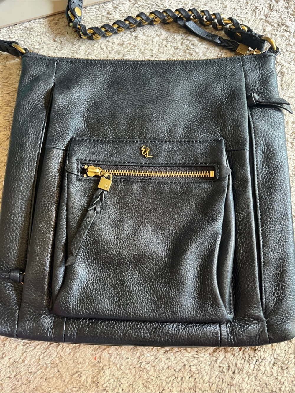 Black Leather Crossbody  Bag with Gold Accents